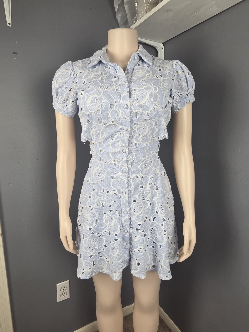 Light Blue Eyelet Shirt Dress - Women - Picture 3 of 11